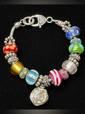 Pandora Style Charm Bracelet Mixed Glass Beads Silver Tone